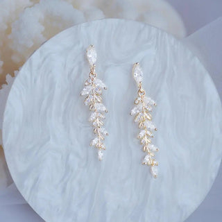 14k Real Gold Leaves Earrings Crystal Wedding - Diva Melody