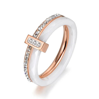 2 Layers Black/White Ceramic Crystal Rose Gold Plated Rings - Diva Melody