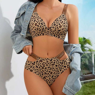 2 pieces Set Leopard Print V - neck Bra Briefs Set Seamless Underwear - Diva Melody