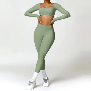 2PCS Women's Yoga Set: Seamless Long Sleeve Crop Top & Leggings - Diva Melody