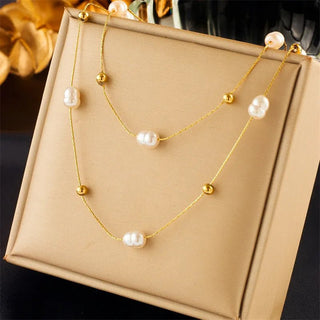 316L Stainless Steel Double Layer Pearl 2in1 Chains Necklace Jewelry Gifts - Diva Melody