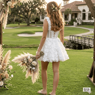 3D Floral A - Line Mini Bridal Dress - Diva Melody