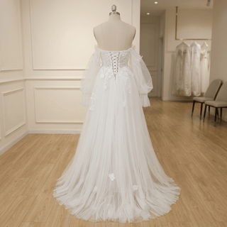 3D Floral Off Shoulder Pleated Tulle Wedding Dress - Diva Melody