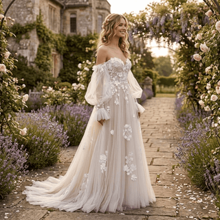 3D Floral Off Shoulder Pleated Tulle Wedding Dress - Diva Melody