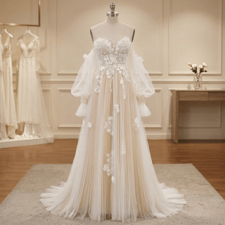 3D Floral Off Shoulder Pleated Tulle Wedding Dress - Diva Melody