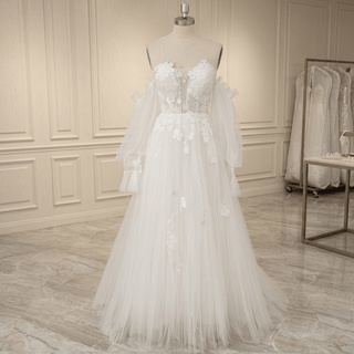 3D Floral Off Shoulder Pleated Tulle Wedding Dress - Diva Melody