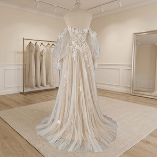 3D Floral Off Shoulder Pleated Tulle Wedding Dress - Diva Melody