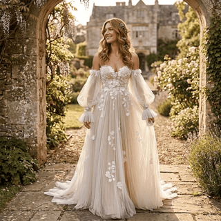 3D Floral Off Shoulder Pleated Tulle Wedding Dress - Diva Melody