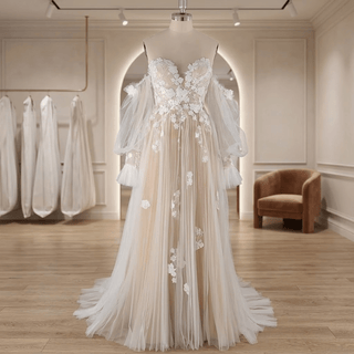 3D Floral Off Shoulder Pleated Tulle Wedding Dress - Diva Melody