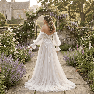 3D Floral Off Shoulder Pleated Tulle Wedding Dress - Diva Melody