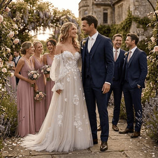 3D Floral Off Shoulder Pleated Tulle Wedding Dress - Diva Melody