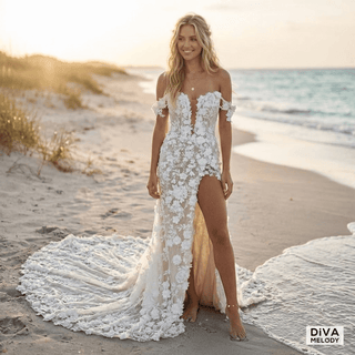 3D Floral Off - Shoulder Wedding Dress - Diva Melody
