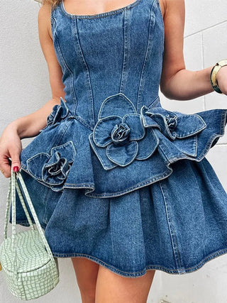 3D Flower Double - layer Denim Dress - Diva Melody