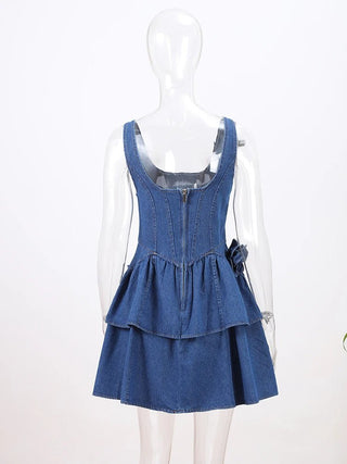 3D Flower Double - layer Denim Dress - Diva Melody