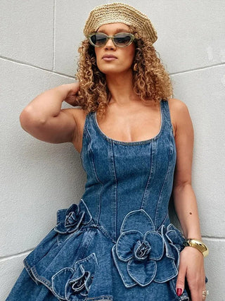 3D Flower Double - layer Denim Dress - Diva Melody