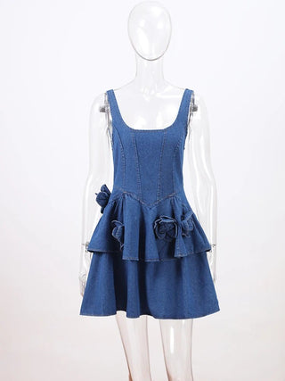 3D Flower Double - layer Denim Dress - Diva Melody