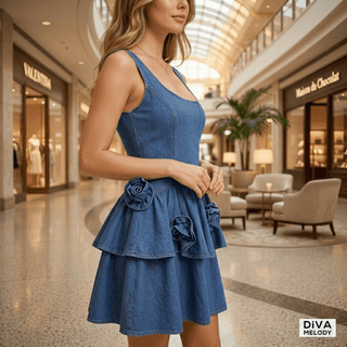 3D Flower Double - layer Denim Dress - Diva Melody