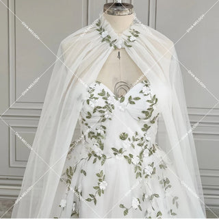 3D Flower Leaf Lace With Cape Wedding Dress - Diva Melody