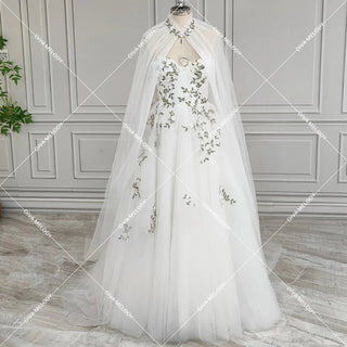 3D Flower Leaf Lace With Cape Wedding Dress - Diva Melody