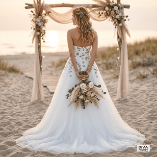 3D Flower Leaf Lace With Cape Wedding Dress - Diva Melody