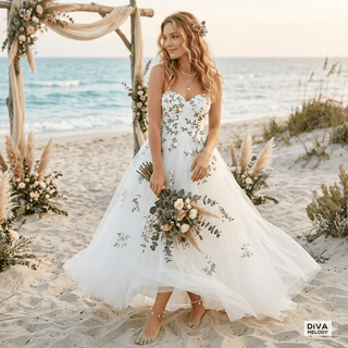3D Flower Leaf Lace With Cape Wedding Dress - Diva Melody