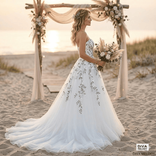 3D Flower Leaf Lace With Cape Wedding Dress - Diva Melody