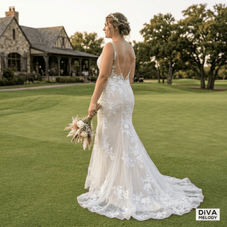 3D Flowers Appliques Illusion Bridal Gown - Diva Melody