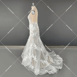 3D Flowers Appliques Illusion Bridal Gown - Diva Melody