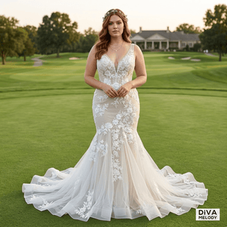 3D Flowers Appliques Illusion Bridal Gown - Diva Melody