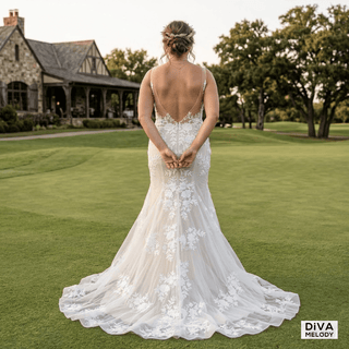 3D Flowers Appliques Illusion Bridal Gown - Diva Melody