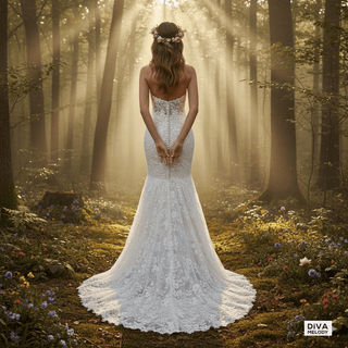 3D Lace Floral Mermaid Wedding Dress with Removable Sleeves - Diva Melody