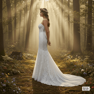 3D Lace Floral Mermaid Wedding Dress with Removable Sleeves - Diva Melody