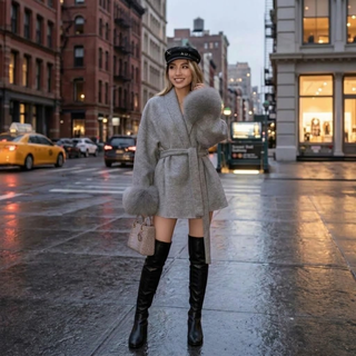 Faux Fur Cuff Belted Wrap Coat