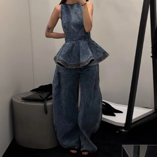 Y2K Inspired Denim Peplum Top and Wide Leg Jeans Set