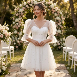 Pearls Mini Length Bridal Gown with Puffy Sleeves
