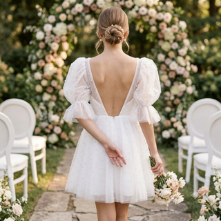 Pearls Mini Length Bridal Gown with Puffy Sleeves