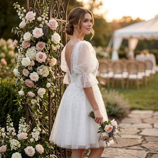 Pearls Mini Length Bridal Gown with Puffy Sleeves
