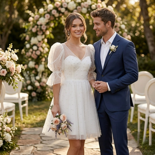 Pearls Mini Length Bridal Gown with Puffy Sleeves