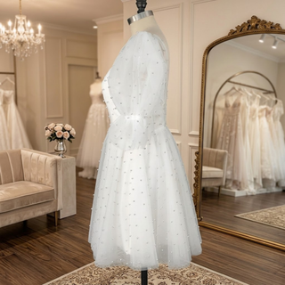 Pearls Mini Length Bridal Gown with Puffy Sleeves