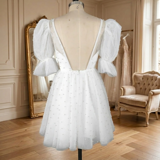 Pearls Mini Length Bridal Gown with Puffy Sleeves