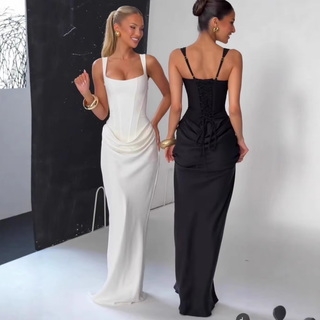 Elegant Square Neck Lace-Up Corset Maxi Dress