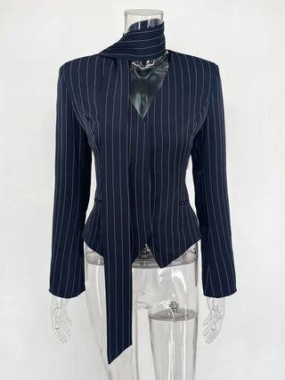Black Pinstripe Tailored Blazer Top and Mini Skirt Set