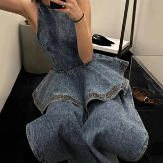 Y2K Inspired Denim Peplum Top and Wide Leg Jeans Set