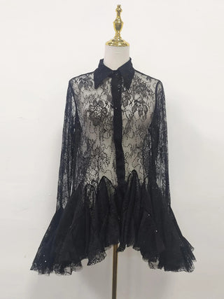 Sheer Lace Ruffle Button Down Tunic Mini Dress