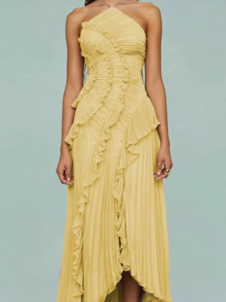 Pleated Halter Cascading Ruffle Maxi Dress