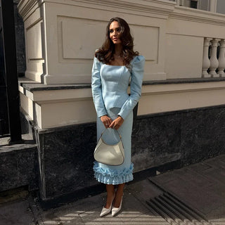 Square Neck Peplum Top and Wide Leg Trouser Set