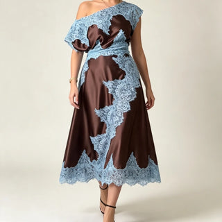 One-Shoulder Lace Midi Dress