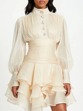 Elegant Long Sleeve Ruched Ruffle Mini Dress