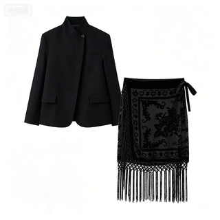 Asymmetric Blazer and Burnout Floral Fringe Skirt Set