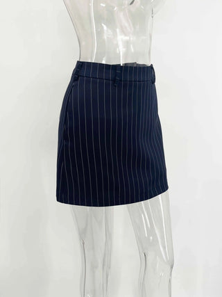 Black Pinstripe Tailored Blazer Top and Mini Skirt Set